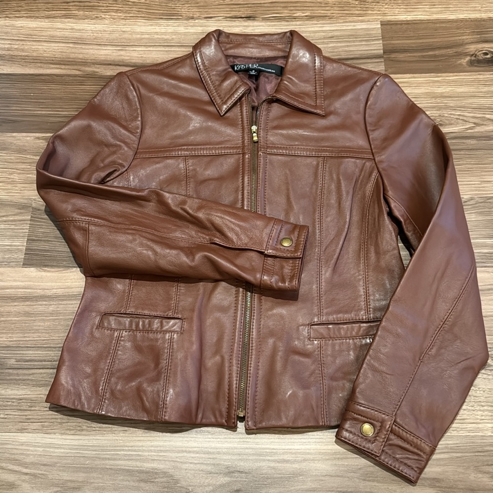 Kasper Leather Brown Soft Collared Lined Pockets Zip Up Jacket S